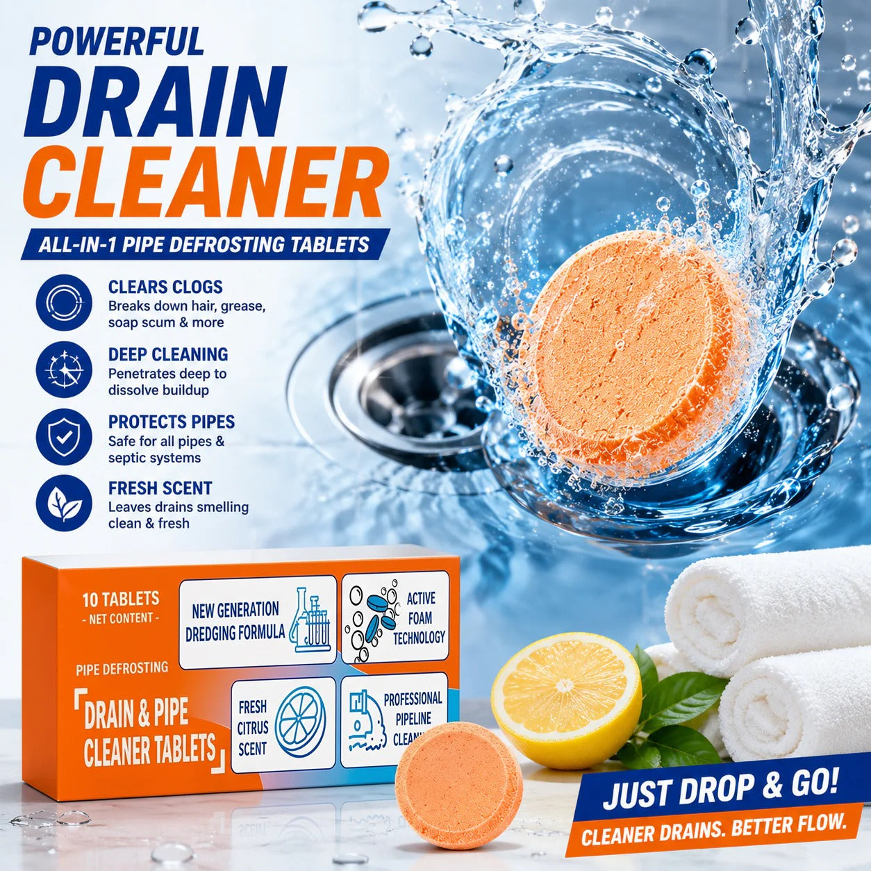 🎉 Foaming Drain Cleaner Tablets — Active Oxygen | Eliminates Drain Pests | No Bleach, No Lye, Pipe-Safe