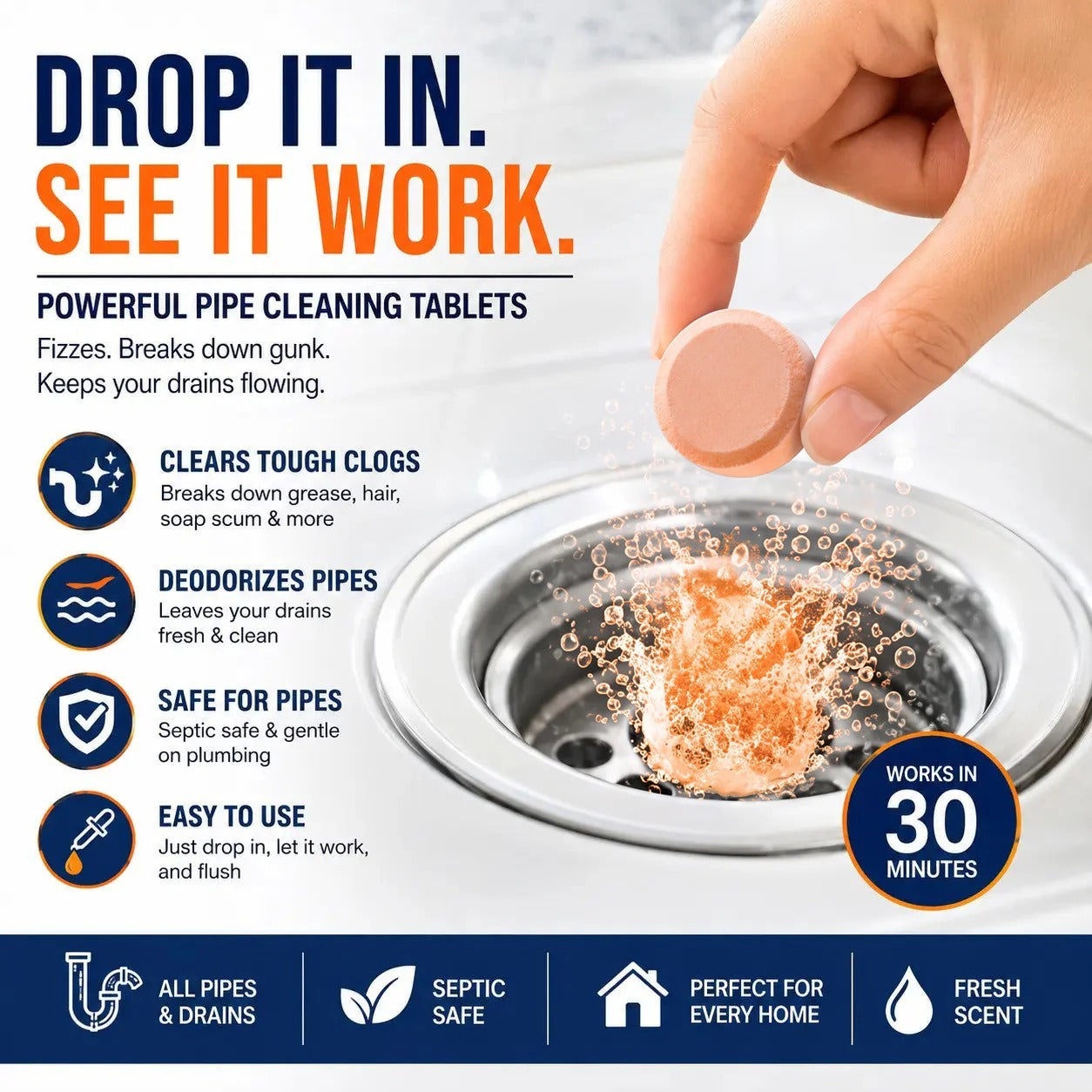 🎉 Foaming Drain Cleaner Tablets — Active Oxygen | Eliminates Drain Pests | No Bleach, No Lye, Pipe-Safe