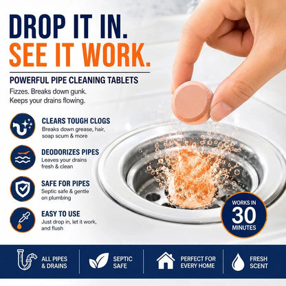 🎉 Foaming Drain Cleaner Tablets — Active Oxygen | Eliminates Drain Pests | No Bleach, No Lye, Pipe-Safe