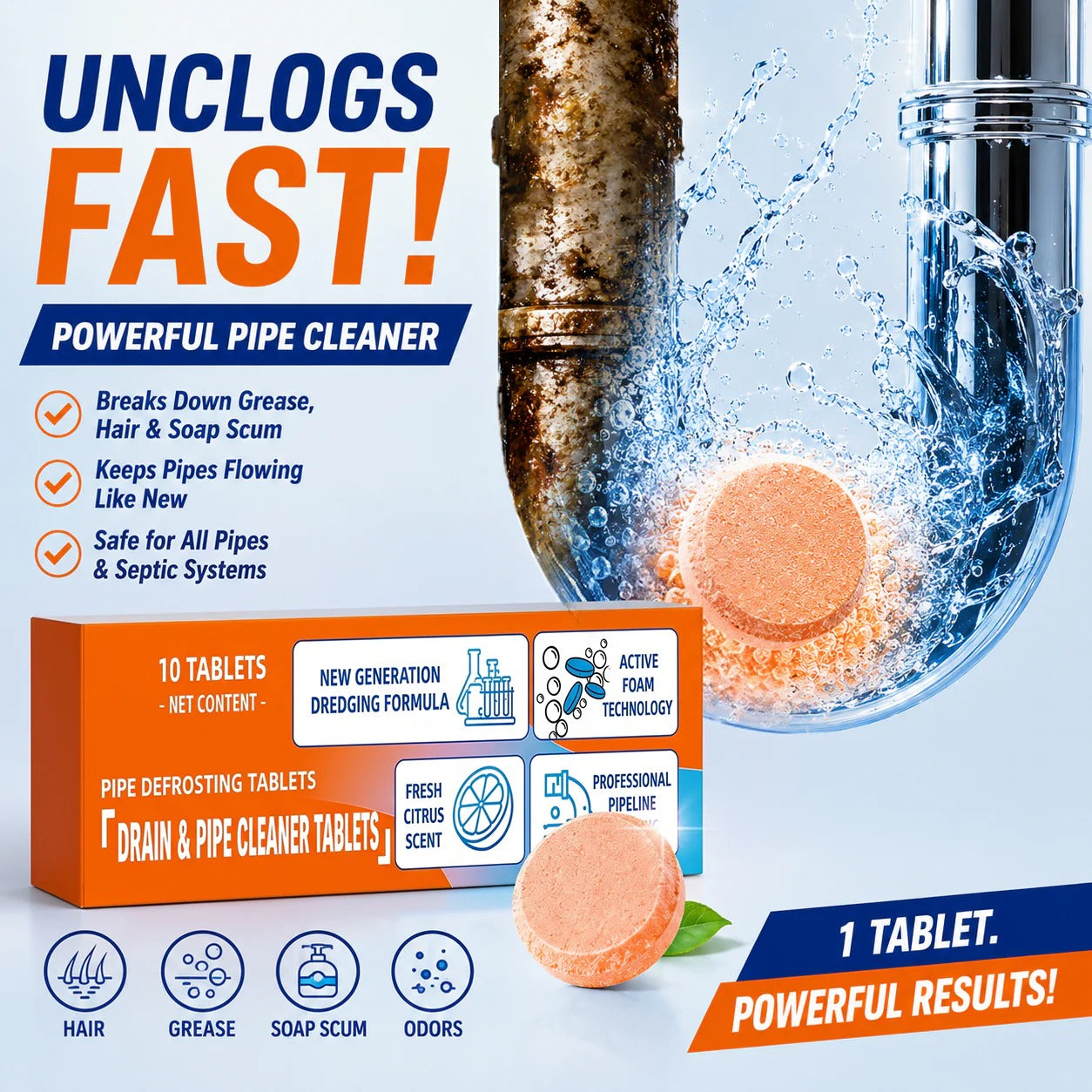 🎉 Foaming Drain Cleaner Tablets — Active Oxygen | Eliminates Drain Pests | No Bleach, No Lye, Pipe-Safe