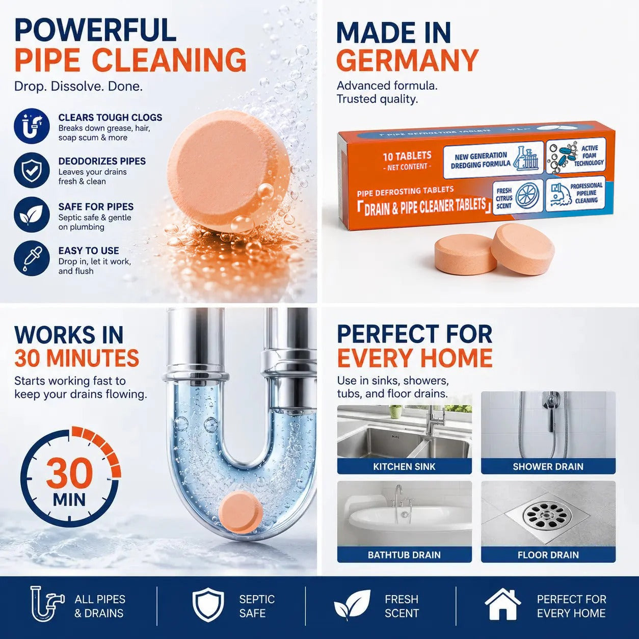 🎉 Foaming Drain Cleaner Tablets — Active Oxygen | Eliminates Drain Pests | No Bleach, No Lye, Pipe-Safe